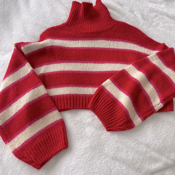 Red, White, and Pink Striped Cropped Sweater / size M - Picture 2 of 3